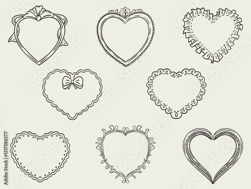 hand drawn doodle heart photo frames, cute hand drawn painting frame, picture framing borders with decorative elements.