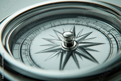 Close up of a silver compass with a star shaped needle pointing the way in a navigational direction for exploration and discovery