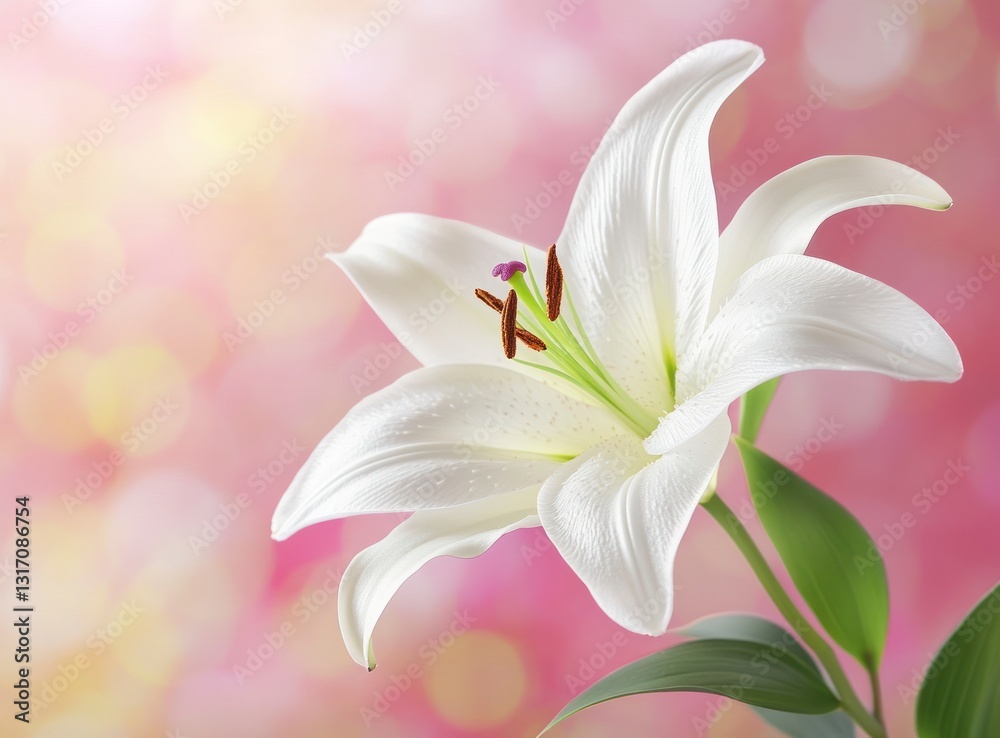 Fototapeta premium Elegant White Lily Bloom with Soft Pink Bokeh Background for Celebration
