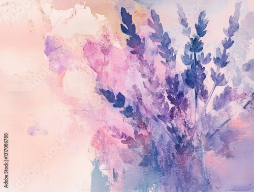 Lavender blooms reimagined as abstract shapes in pastel and watercolor tones