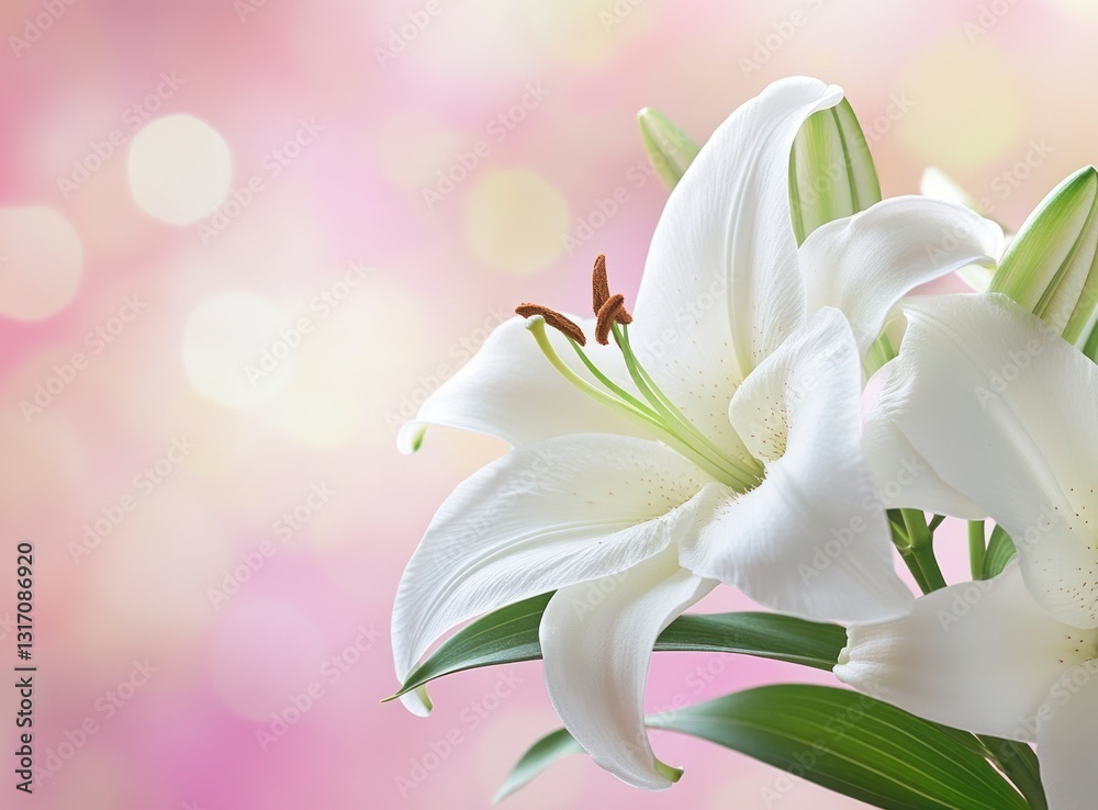 Fototapeta premium Elegant White Lily Blooms on Bokeh Background for Delicate Floral Design