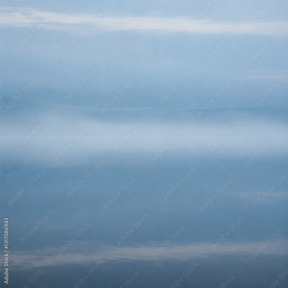 Obraz premium A serene lake covered in mist, blending the water and sky into a seamless, tranquil blue landscape with soft, dreamy reflections. 