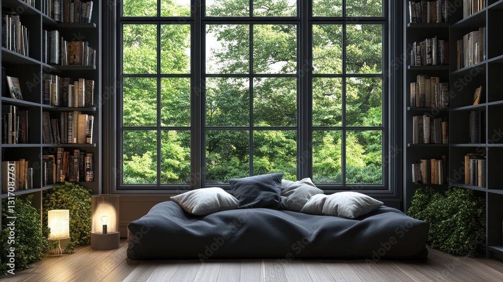 Dark Library Reading Nook with Garden View Dark Library Reading Nook with Garden View