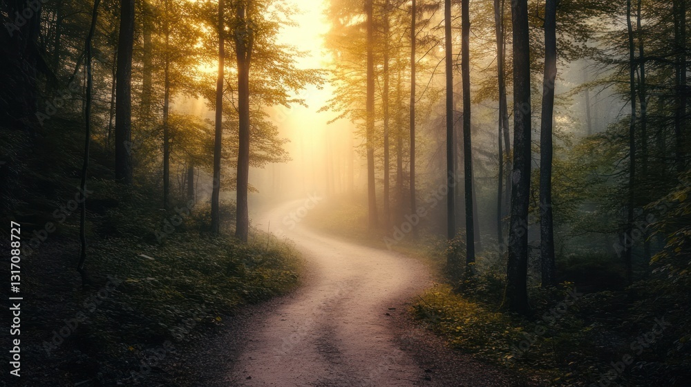 Misty forest path sunlight Misty forest path sunlight