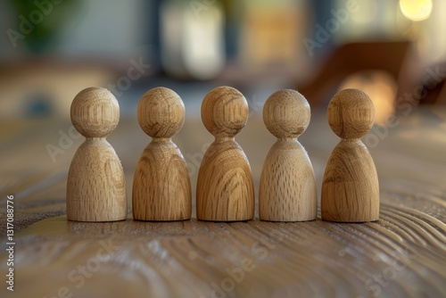 Five Wooden Figurines Without Faces Standing Randomly On The Floor From The Front View In A Realistic Setting