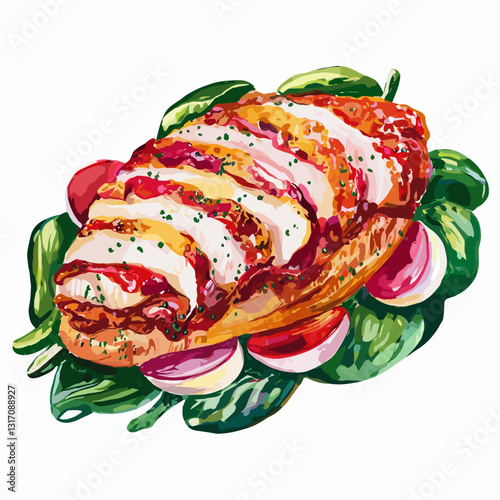 Watercolor Chicken Parmigiana with Fresh Greens