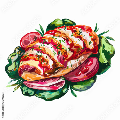 Watercolor Chicken Parmigiana with Fresh Greens