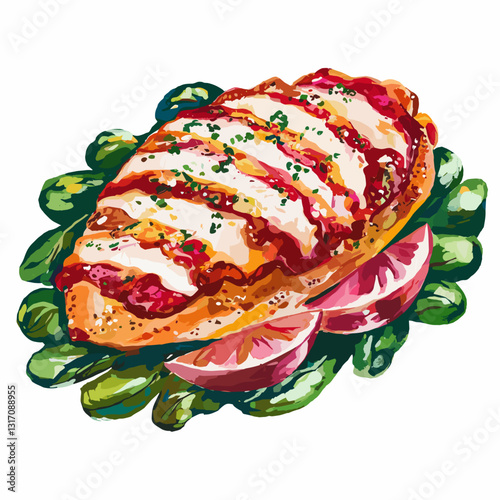Watercolor Chicken Parmigiana with Fresh Greens