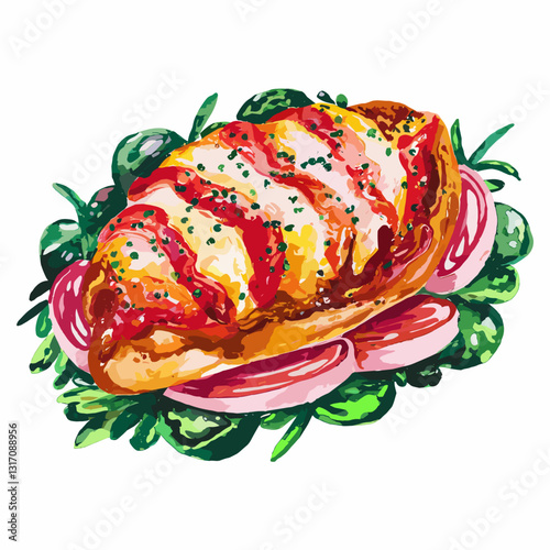 Watercolor Chicken Parmigiana with Fresh Greens