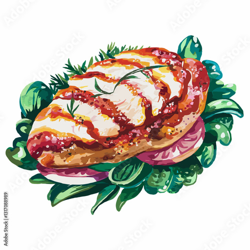 Watercolor Chicken Parmigiana with Fresh Greens