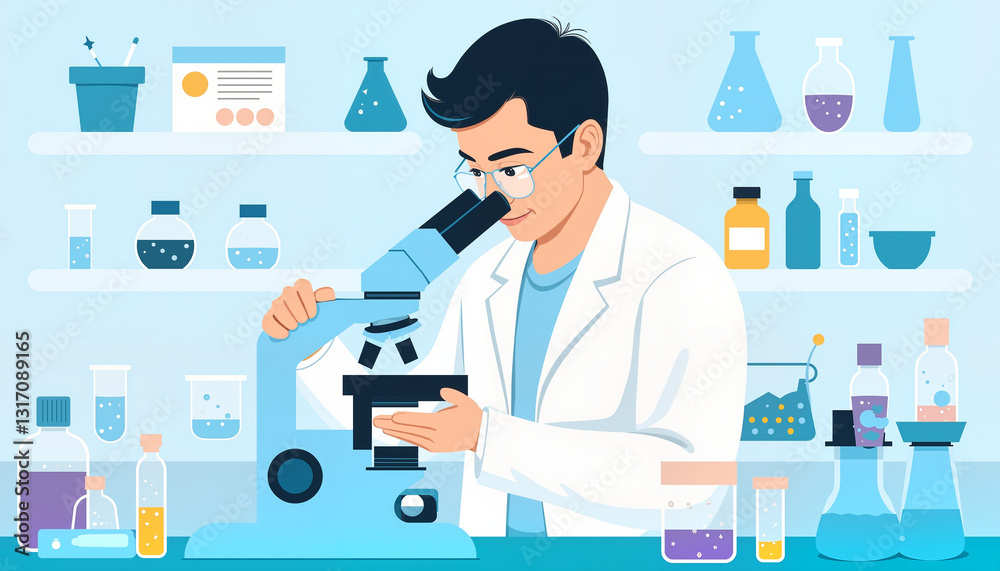 Focused scientist examining samples with microscope in lab, scientific research Focused scientist examining samples with microscope in lab, scientific research