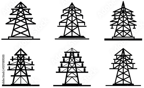 Black Outline Illustrations of High-Voltage Power Transmission Towers