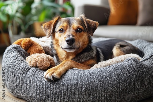 Plush dog bed in a cozy living room corner inviting relaxation and warmth in a tranquil afternoon atmosphere