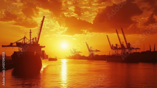Sunset over a bustling port with silhouetted cranes and ships reflecting on calm waters