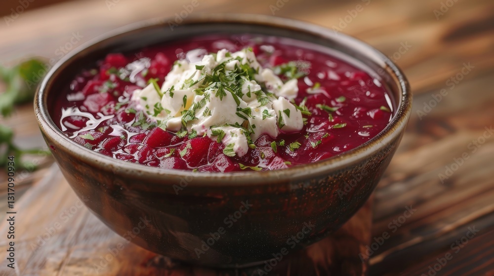 Delicious Bowl of Beetroot Soup Topped with Cream and Herbs on Rustic Wooden Table