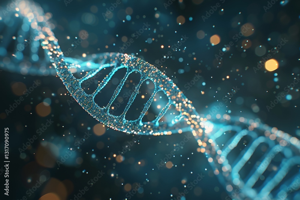 Futuristic digital illustration of a shiny dna molecule on a dark blue colored background with clean lines and abstract elements Futuristic digital illustration of a shiny dna molecule on a dark blue colored background with clean lines and abstract elements