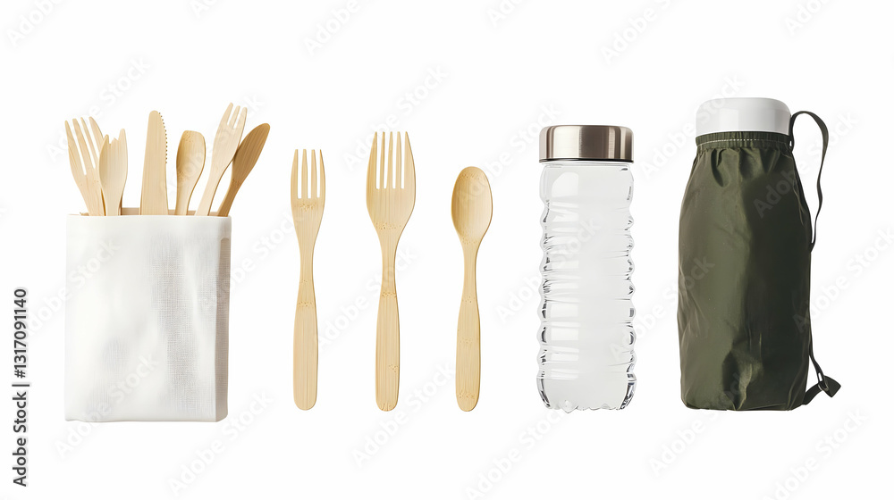 Reusable Bamboo Cutlery Set With Water Bottle And Green Carrying Bag On White Background Promoting Sustainable Lifestyle Reusable Bamboo Cutlery Set With Water Bottle And Green Carrying Bag On White Background Promoting Sustainable Lifestyle