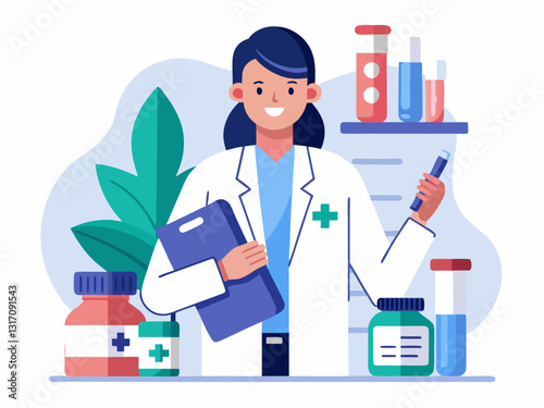 pharmacist in a clean white coat, holding a prescription bottle and pen