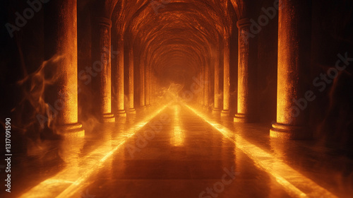 Mystical Fiery Corridor with Ancient Stone Pillars