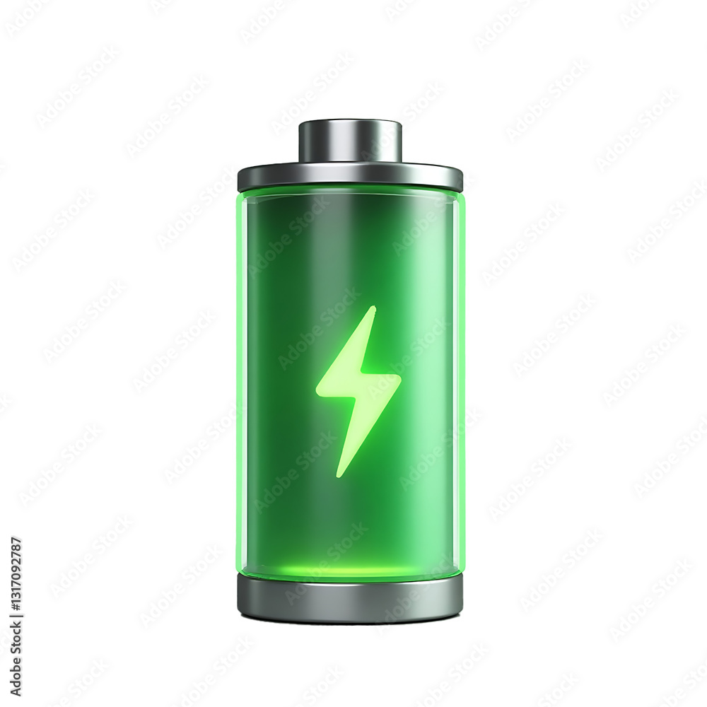 A Vibrant Green Battery, Fully Charged And Glowing, Symbolizes Energy And Power With A Bright Lightning Bolt Icon Isolated on Transparent Background A Vibrant Green Battery, Fully Charged And Glowing, Symbolizes Energy And Power With A Bright Lightning Bolt Icon Isolated on Transparent Background