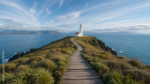 Walking path to Nugget point lighthouse near Kaka point in southern New Zealand photo