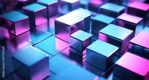 Abstract background with cubes and blocks on a blue neon light, glowing in the dark space