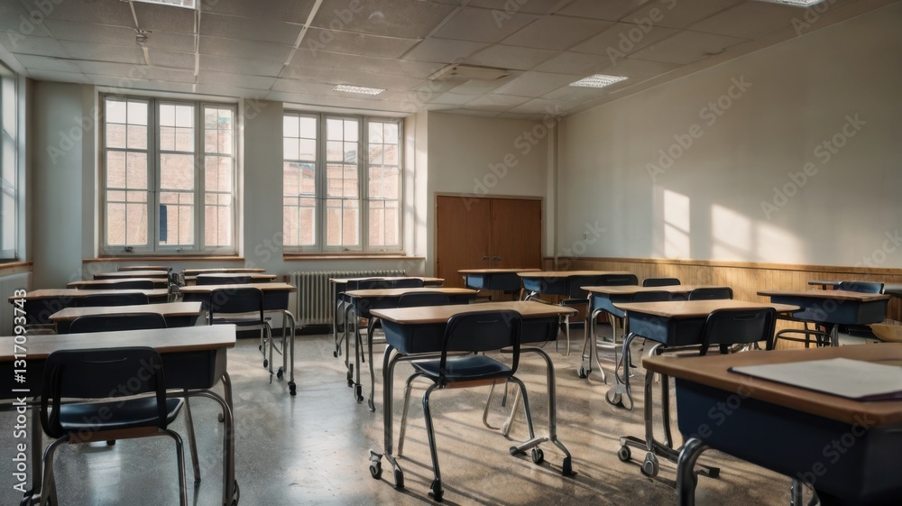 Fototapeta premium A quiet classroom with neatly arranged empty desks, ready for students, creating a peaceful and studious atmosphere