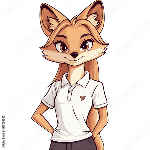 Girl Coyote wearing a white polo shirt, full body, animated style, isolate on white, vector graphic, clean lines

