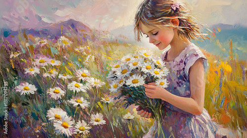 Impressionist Painting of a Girl in a Field of Daisies