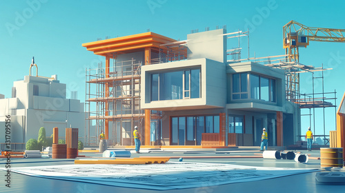 Modern Building Under Construction with Blueprint and Scaffolding