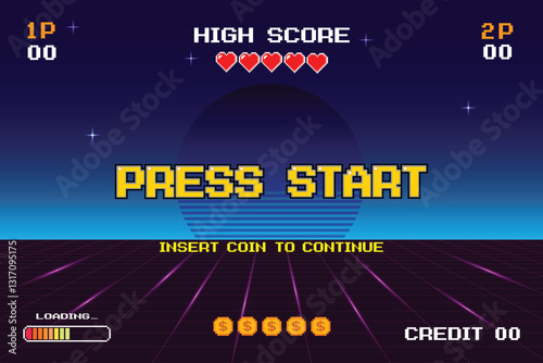 PRESS START. INSERT A COIN TO CONTINUE. pixel art. 8 bit game. Retro Futurism Sci-Fi Background. glowing neon grid. and stars from vintage arcade computer games