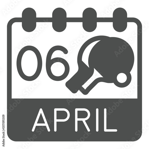 Calendar April 6, two tennis rackets and ball solid icon, tennis concept. Vector graphics. Page paper sign on white background, glyph style icon for mobile or web design.