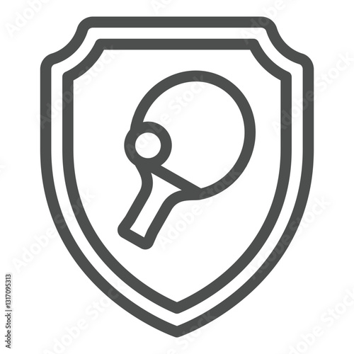 Emblem with tennis racket and ball line icon, table tennis concept. Vector graphics. Safety shield and racket sign on white background, outline style icon for mobile or web design.