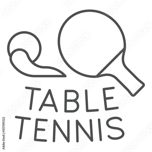 Tennis rackets and flight ball thin line icon, tennis concept. Vector graphics. Table tennis text sign on white background, outline style icon for mobile or web design.