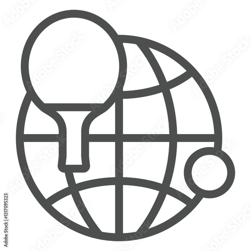 Globe with meridians, tennis racket and ball line icon, table tennis concept. Vector graphics. World tournament sign on white background, outline style icon for mobile or web design.