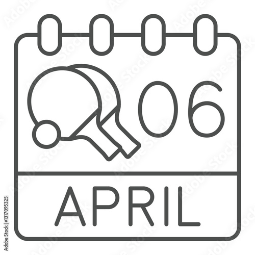 Calendar April 6, two tennis rackets and ball thin line icon, tennis concept. Vector graphics. Page paper sign on white background, outline style icon for mobile or web design.