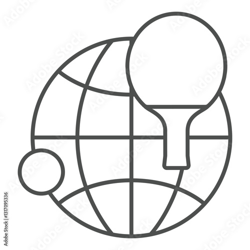 Globe with meridians, tennis racket and ball thin line icon, table tennis concept. Vector graphics. World tournament sign on white background, outline style icon for mobile or web design.