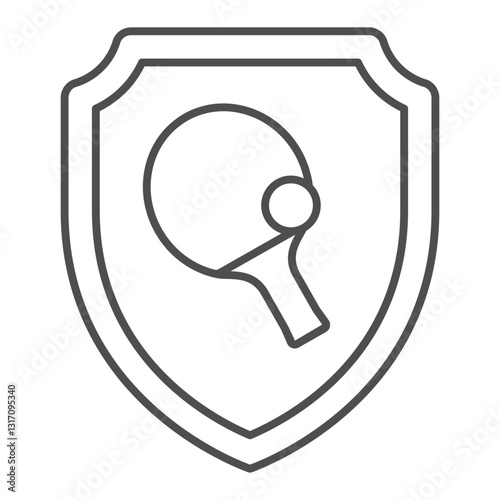 Emblem with tennis racket and ball thin line icon, table tennis concept. Vector graphics. Safety shield and racket sign on white background, outline style icon for mobile or web design.