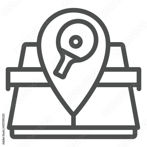 Tennis table with location pin line icon, tennis game concept. Vector graphics. Tennis racket and map pin sign on white background, outline style icon for mobile or web design.