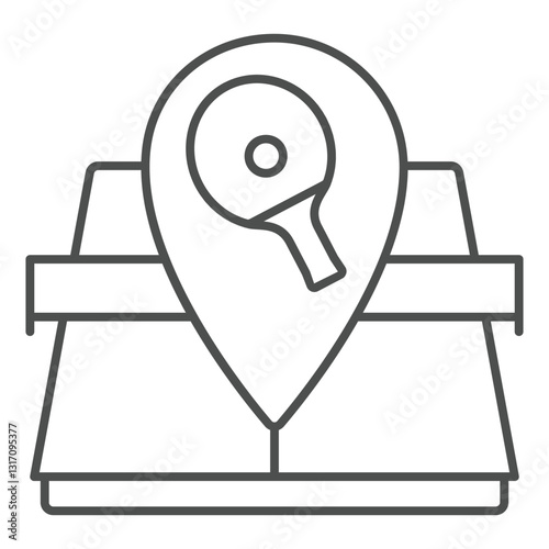 Tennis table with location pin thin line icon, tennis game concept. Vector graphics. Tennis racket and map pin sign on white background, outline style icon for mobile or web design.
