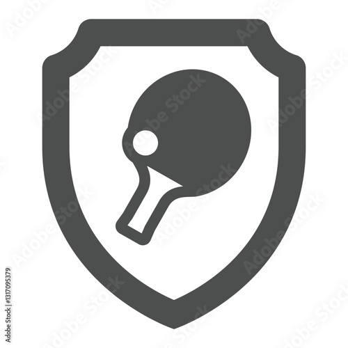 Emblem with tennis racket and ball solid icon, table tennis concept. Vector graphics. Safety shield and racket sign on white background, glyph style icon for mobile or web design.