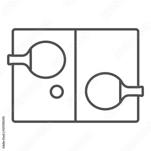 Tennis rackets and table thin line icon, tennis concept. Vector graphics. Table tennis sign on white background, outline style icon for mobile or web design.