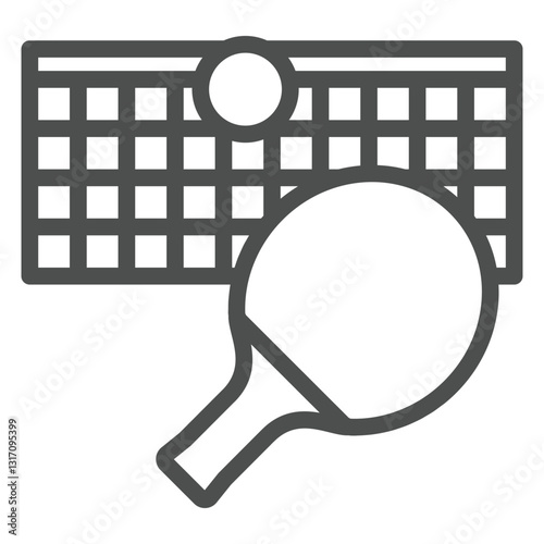 Stretched net with racket and ball line icon, tennis game concept. Vector graphics. Racket net ball sign on white background, outline style icon for mobile or web design.