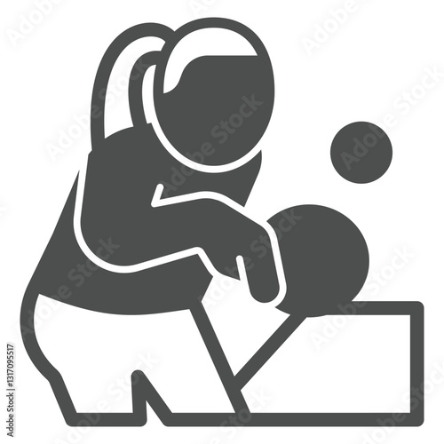 Woman with racket solid icon, table tennis concept. Vector graphics. Girl shot racket ball desk sign on white background, glyph style icon for mobile or web design.