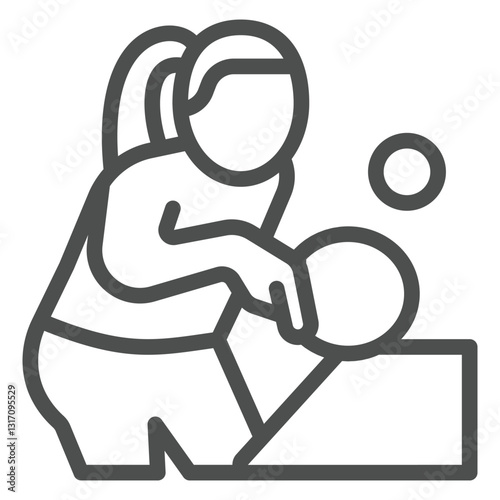 Woman with racket line icon, table tennis concept. Vector graphics. Girl shot racket ball desk sign on white background, outline style icon for mobile or web design.