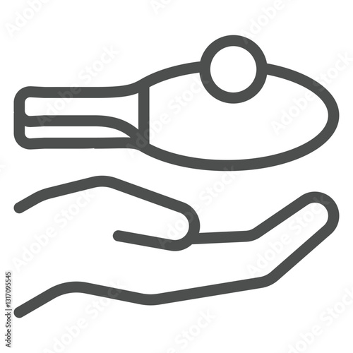 Hand palm with racket and ball line icon, table tennis game concept. Vector graphics. Hand and accessory sign on white background, outline style icon for mobile or web design.
