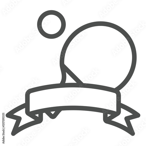 Racket, ball and ribbon tape line icon, sport tennis game concept. Vector graphics. Tennis silk banner award sign on white background, outline style icon for mobile or web design.
