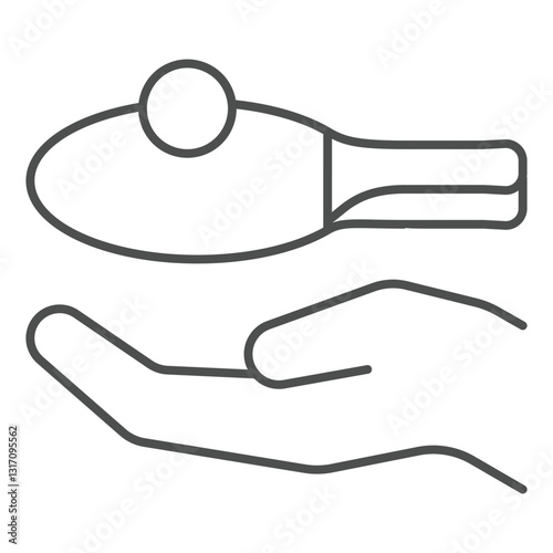 Hand palm with racket and ball thin line icon, table tennis game concept. Vector graphics. Hand and accessory sign on white background, outline style icon for mobile or web design.