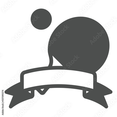 Racket, ball and ribbon tape solid icon, sport tennis game concept. Vector graphics. Tennis silk banner award sign on white background, glyph style icon for mobile or web design.