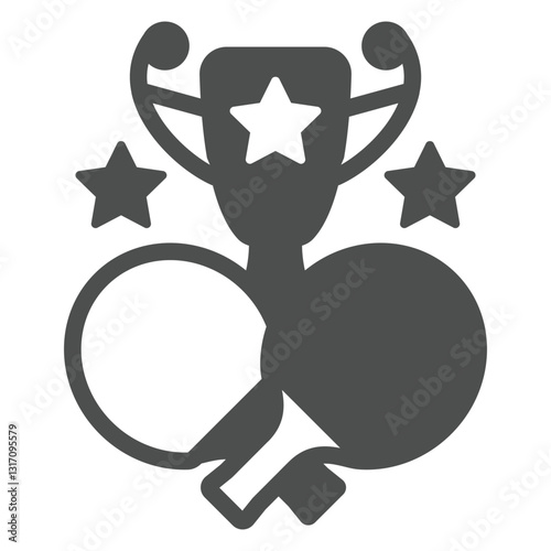 Two tennis rackets, winner cup solid icon, tennis sport game concept. Vector graphics. Award trophy sign on white background, glyph style icon for mobile or web design.